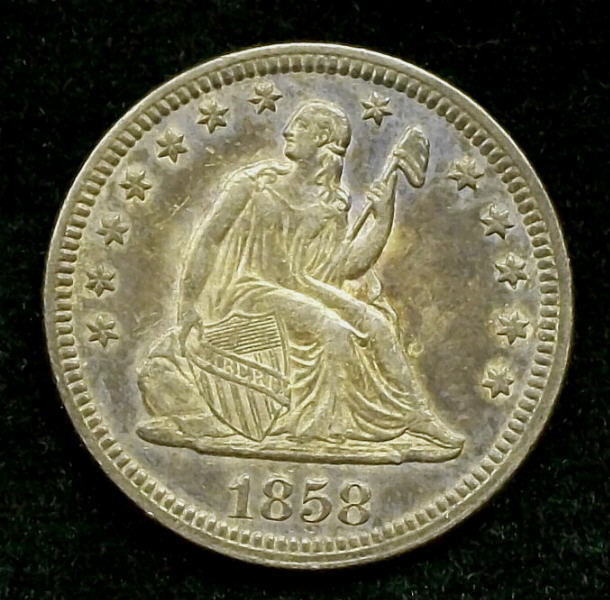 1858-Seated-Liberty-Quarter....in-Hand-Pics